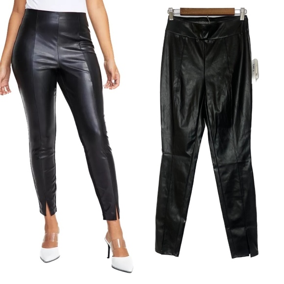 Bar III Pants - ❌ SOLD NWT - BAR III WOMEN'S SLIT-HEM FAUX-LEATHER DEEP BLACK LEGGINGS, SIZE S
